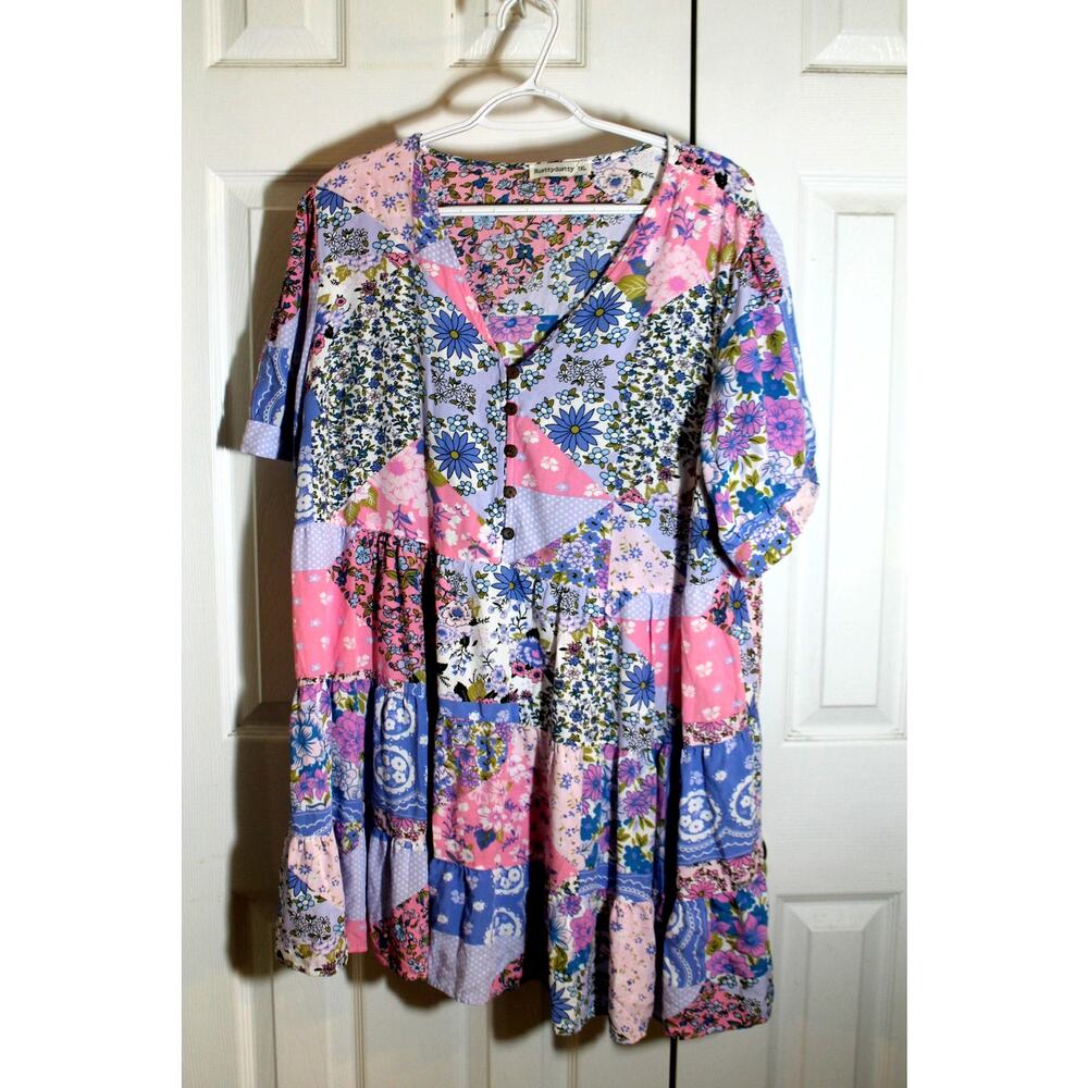 RusttyDustty Pink & Blue Patchwork Babydoll Tunic Top sz 1XL